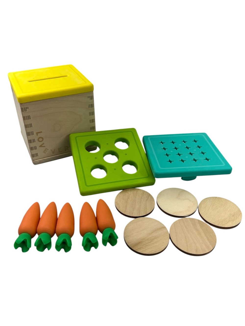 Lovevery Carrot and Coin Drop Box Montessori Inspired Wooden Fine Motor Toy